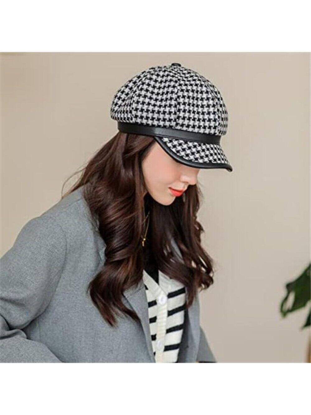 Black and White Houndstooth Baker Boy Hat Cap with Faux Leather Brim